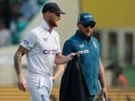 England's Ben Stokes with coach Brendon McCullum before the match