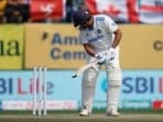 India's Rohit Sharma is bowled out by England's Ben Stokes 