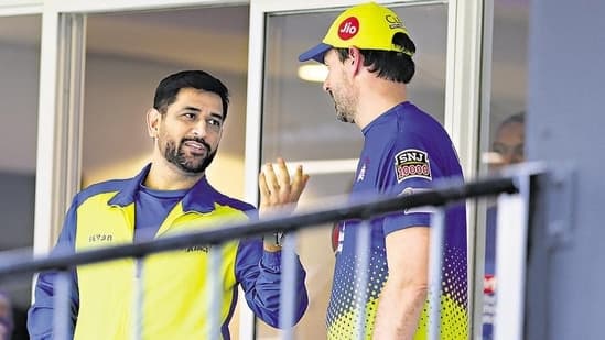 MS Dhoni of Chennai Super Kings with head coach Stephen Fleming.